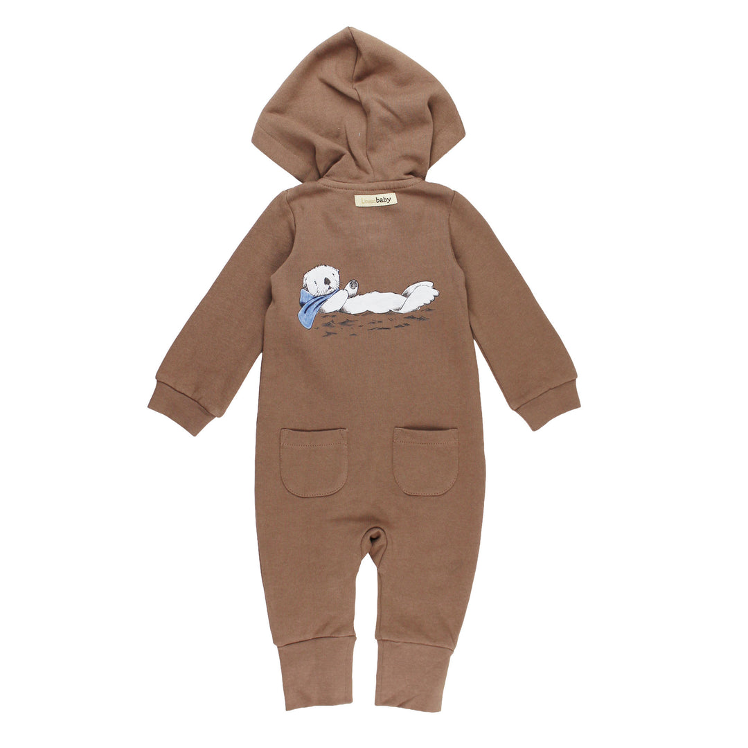 Back view of Organic Cozy Hooded Zipper Romper in Sea Otter.