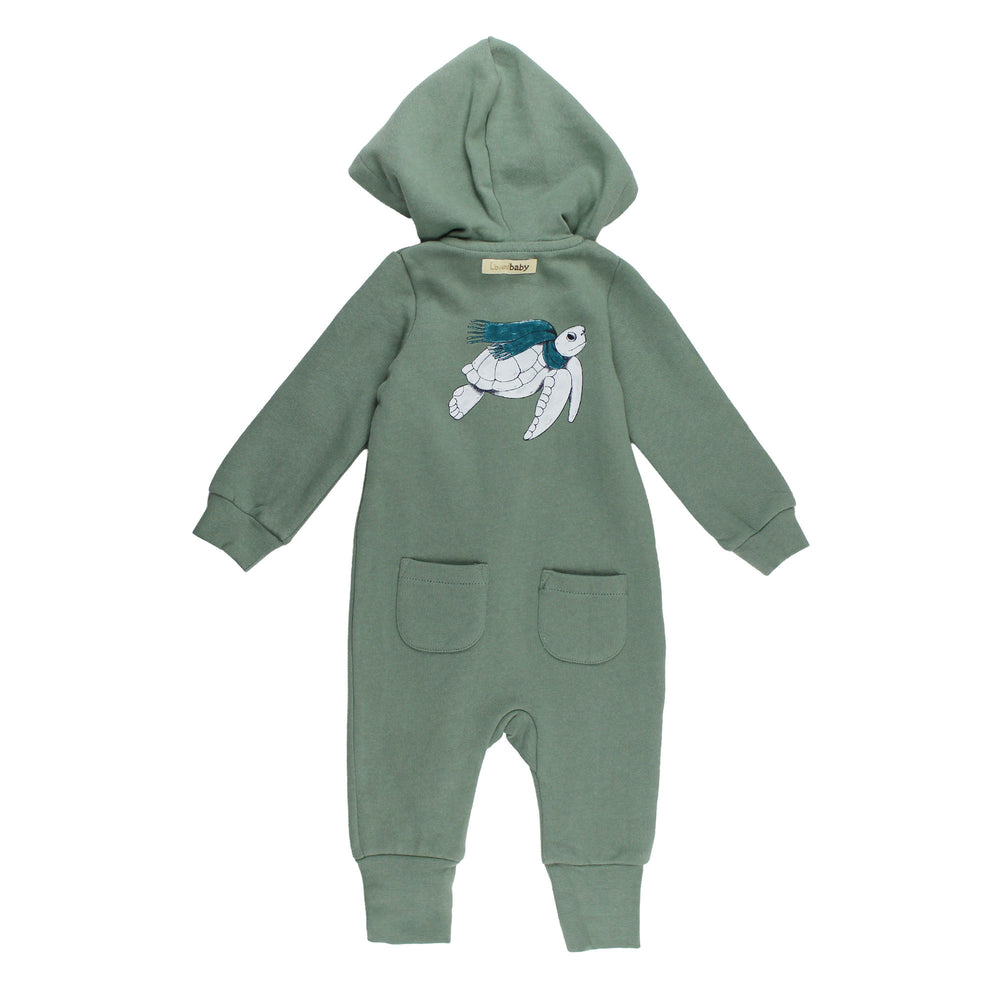 Organic Cozy Hooded Zipper Romper in Sea Turtles, back.
