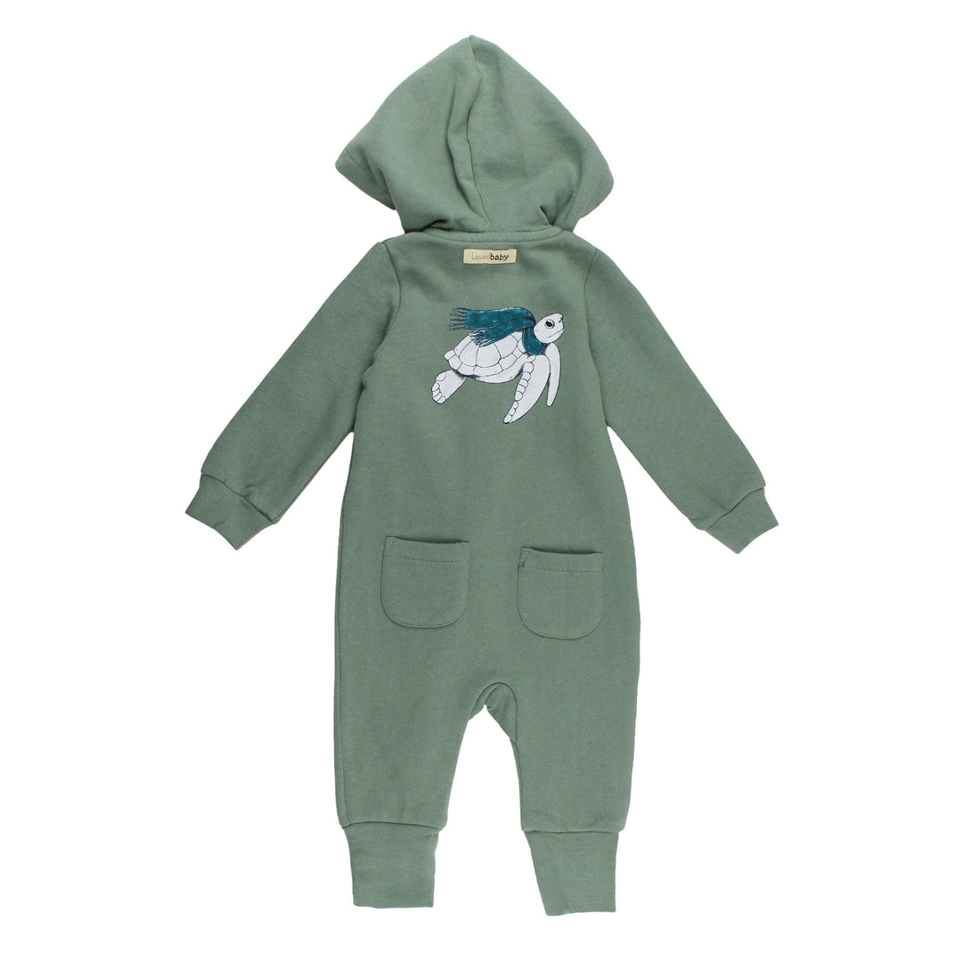 Organic Cozy Hooded Zipper Romper in Sea Turtles, back.