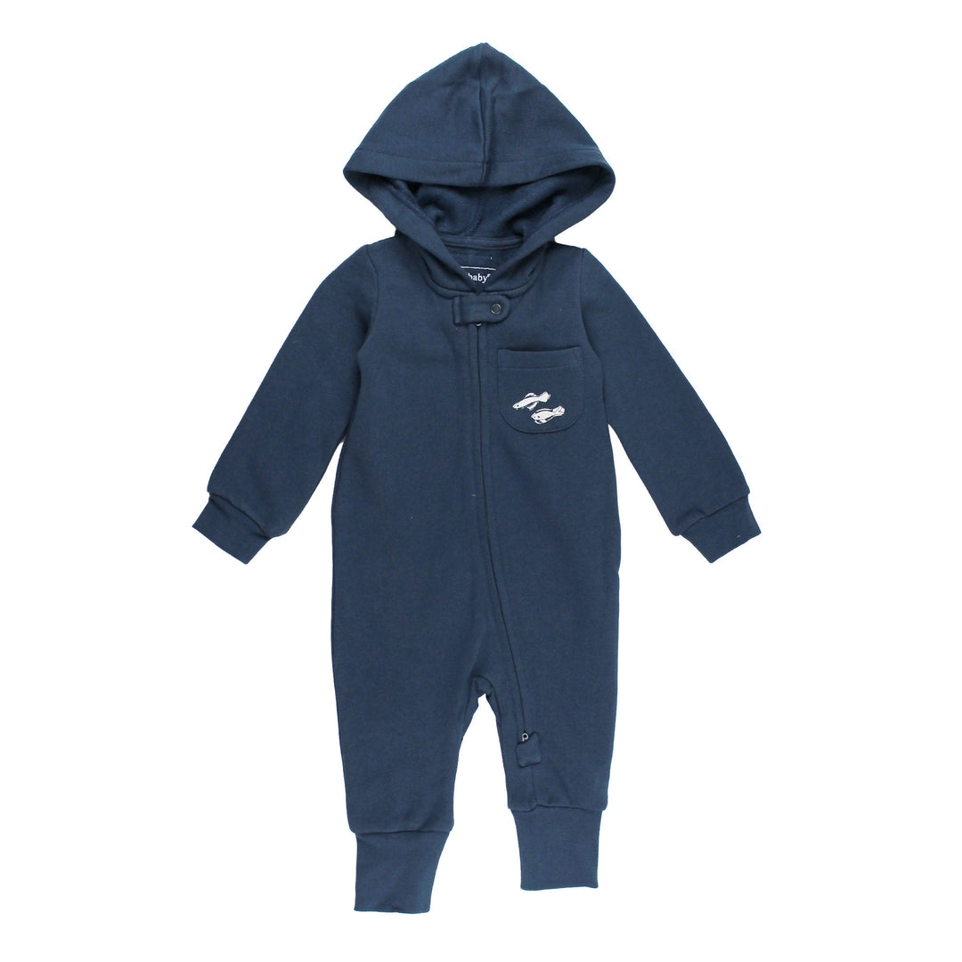 Organic Cozy Hooded Zipper Romper in Sharks.