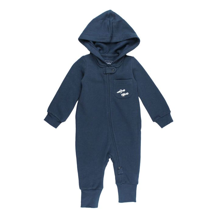 Organic Cozy Hooded Zipper Romper in Sharks.