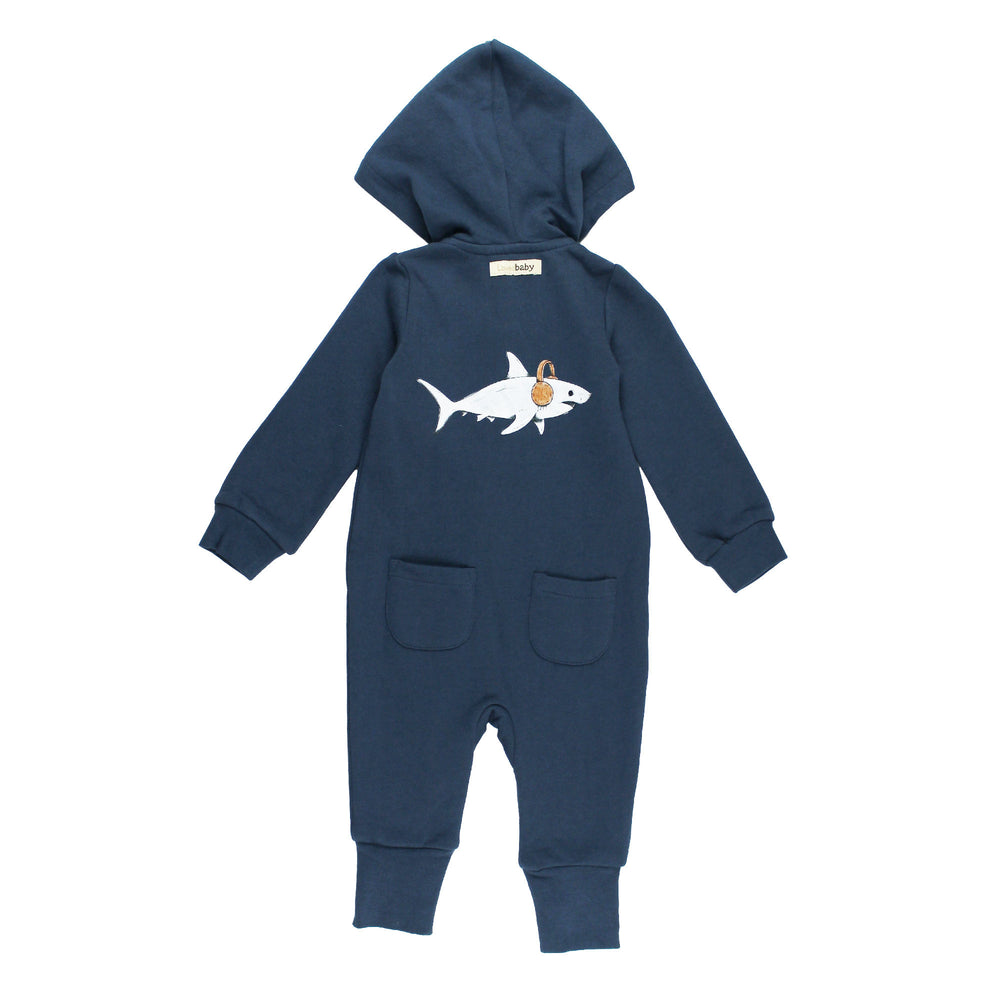 Back view of Organic Cozy Hooded Zipper Romper in Sharks.