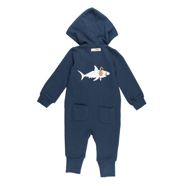 Back view of Organic Cozy Hooded Zipper Romper in Sharks.