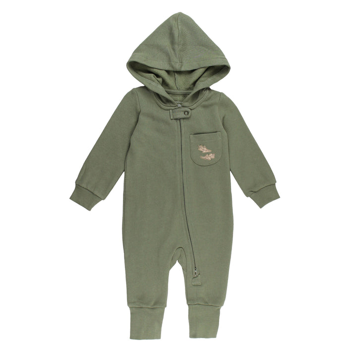 Organic Cozy Hooded Zipper Romper in White Tail Deer.