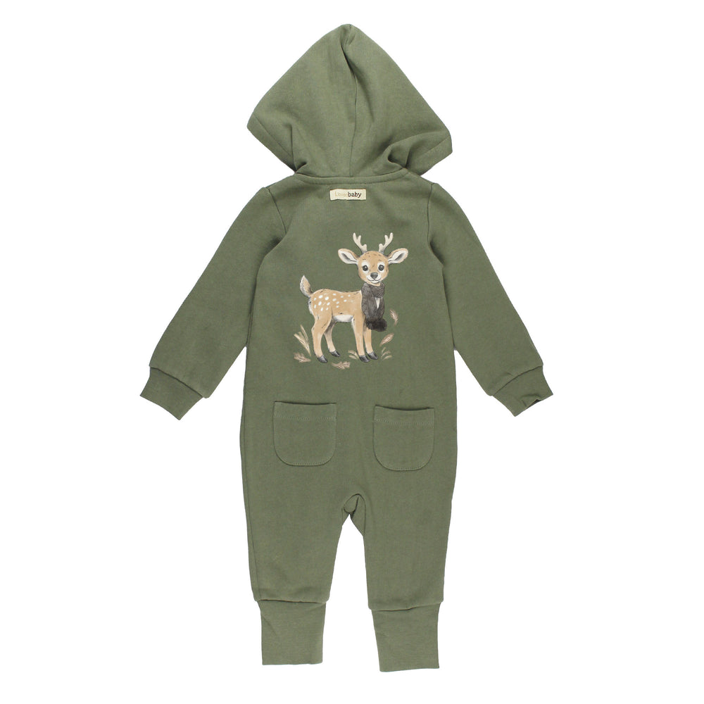 Back view of Organic Cozy Hooded Zipper Romper in White Tail Deer.
