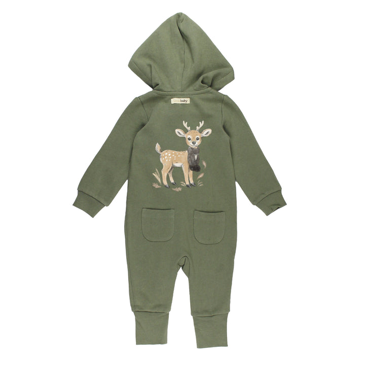 Back view of Organic Cozy Hooded Zipper Romper in White Tail Deer.