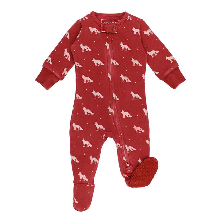 Red baby onesie with white dog pattern on a white background