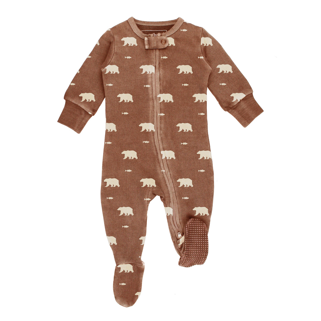 Brown baby onesie with bear pattern on a white background