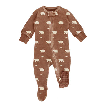 Brown baby onesie with bear pattern on a white background
