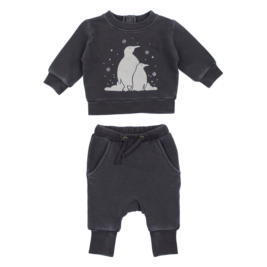 Dark gray baby sweatshirt and pants set with penguin design on a white background