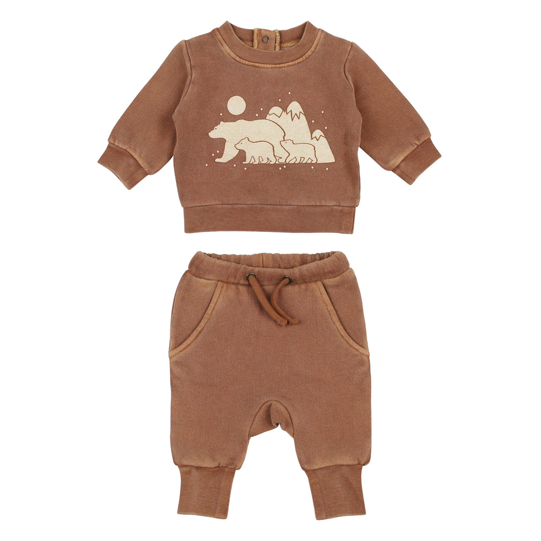 Brown children's sweatshirt and pants set with bear and mountain design on a white background