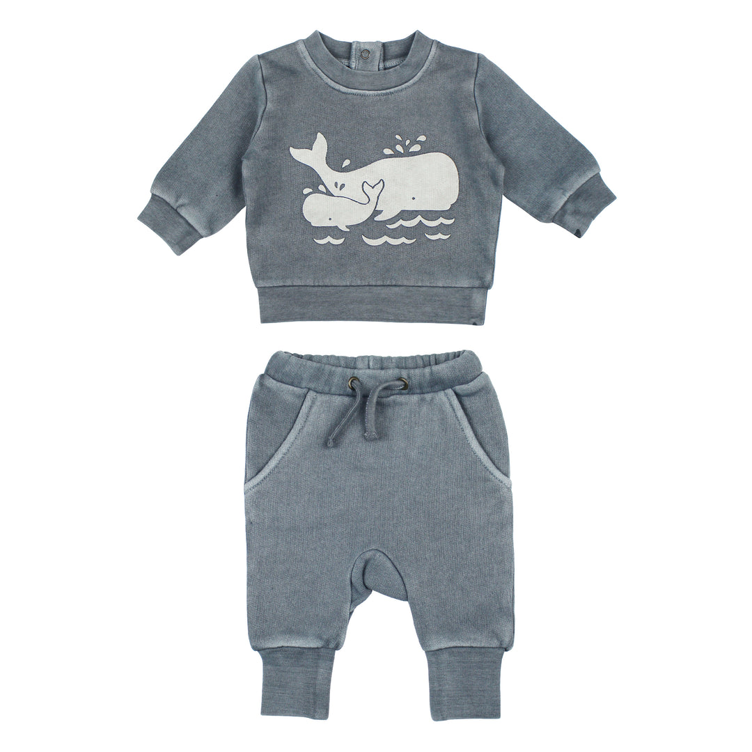 Gray children's sweatshirt and pants set with whale design on a white background
