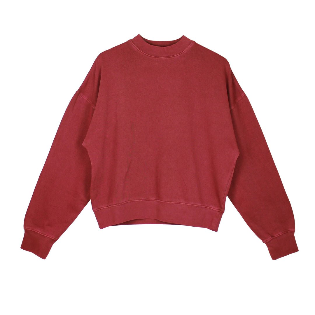 Women's Organic Fleece Crewneck in Cherry, a bright red color.