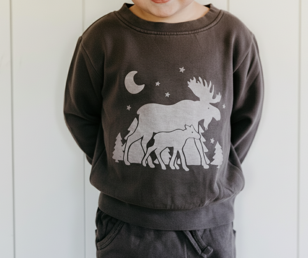 Child wearing Kids' Organic Cozy Graphic Sweatshirt & Jogger Set in Bark Moose 