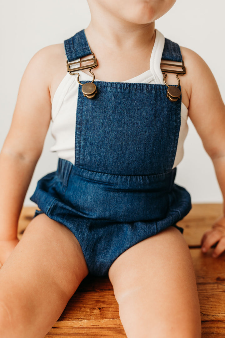 Child wearing Denim Bubble Overall in Denim.