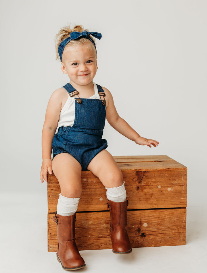 Child wearing Denim Bubble Overall in Denim.