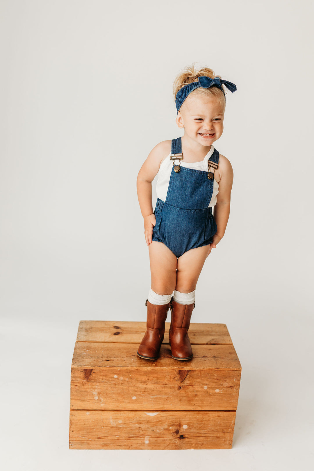 Child wearing Denim Bubble Overall in Denim.