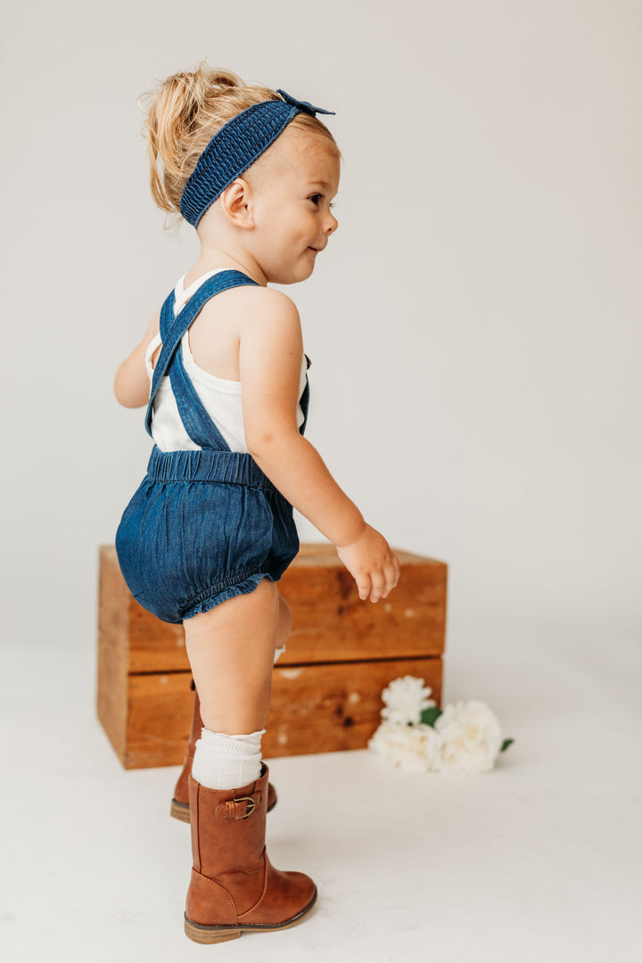 Child wearing Denim Bubble Overall in Denim.