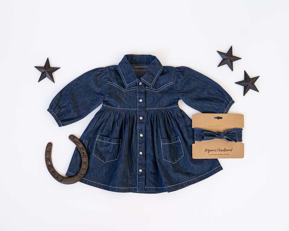 Child wearing Western Denim Long-Sleeve Dress in True Blue.