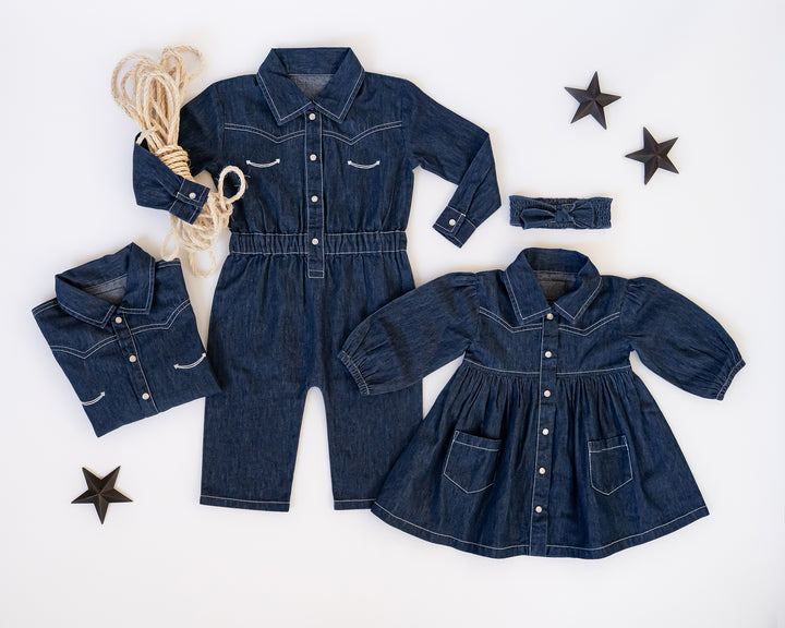 Child wearing Western Denim Long-Sleeve Romper in True Blue.