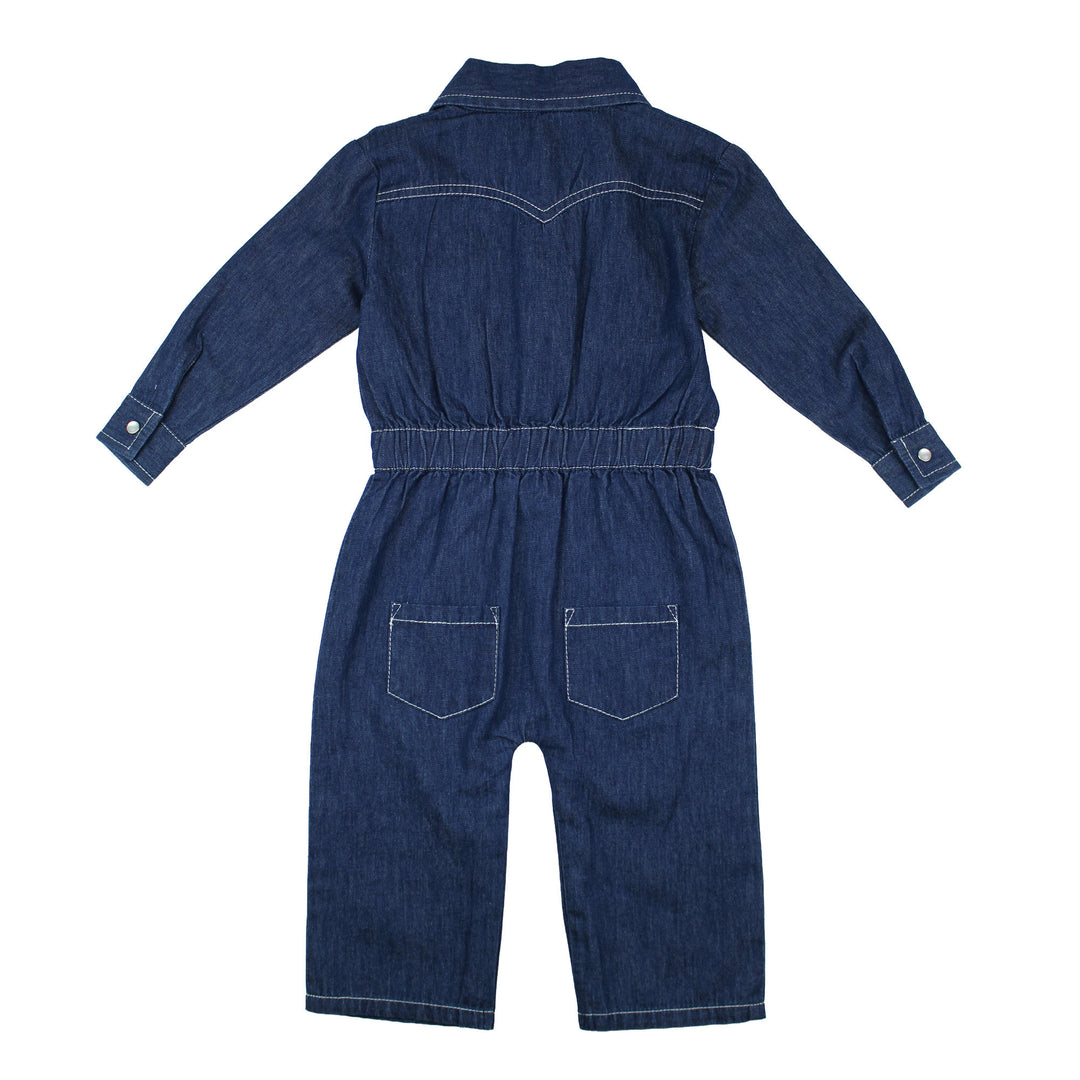 Back view of Western Denim Long-Sleeve Romper in True Blue.