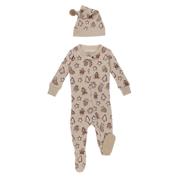 Holiday Thermal 2-Way Zipper Footie & Cap Set in Ginger Glow.
