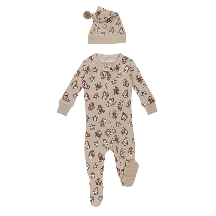 Holiday Thermal 2-Way Zipper Footie & Cap Set in Ginger Glow.