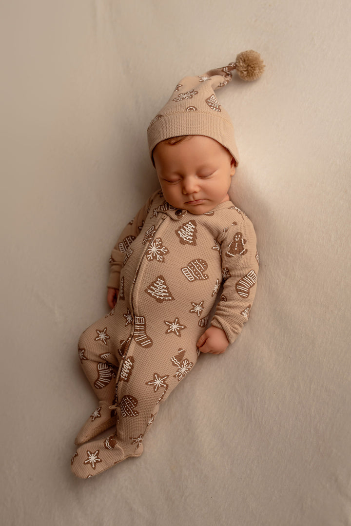 Child wearing Holiday Thermal 2-Way Zipper Footie & Cap Set in Ginger Glow.