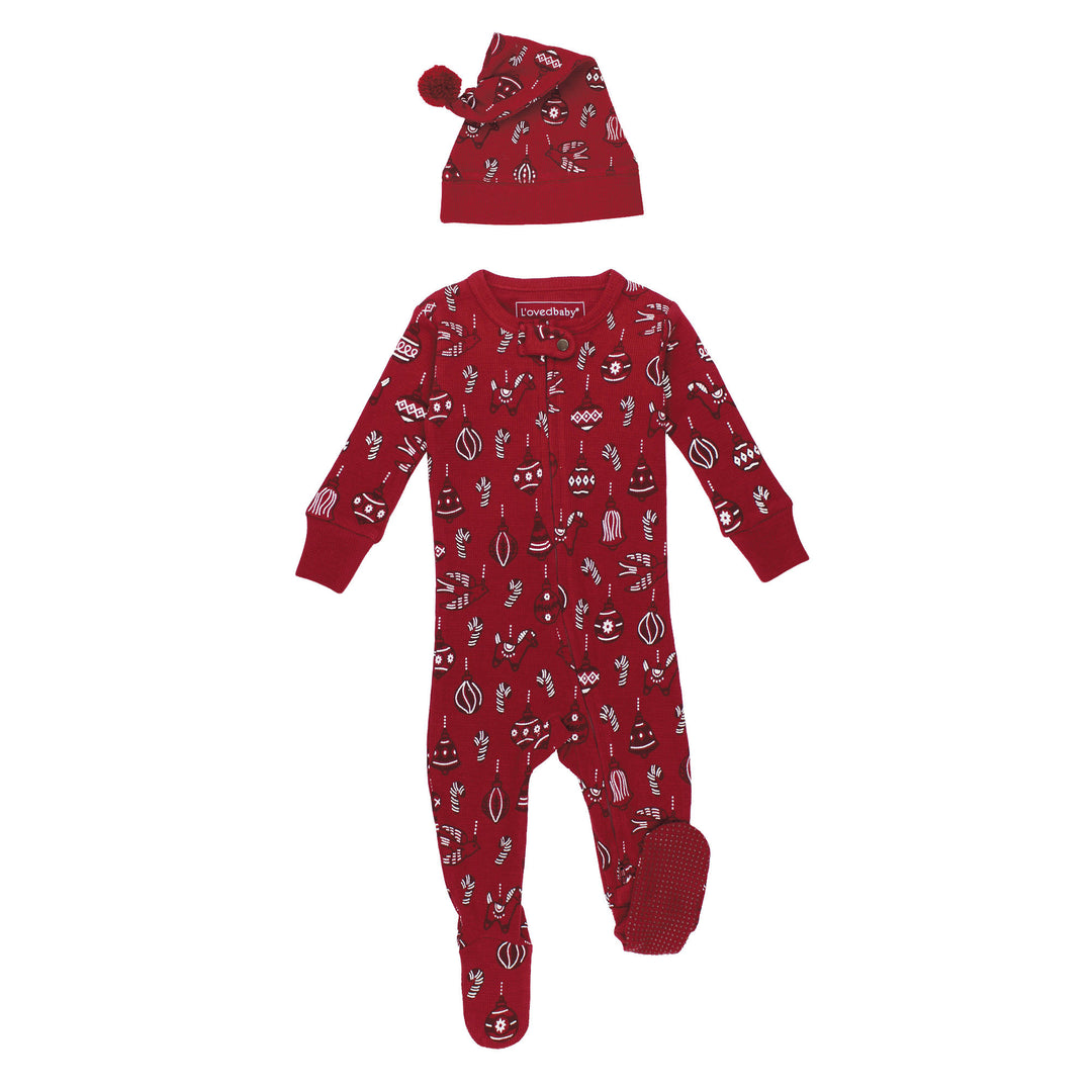 Holiday Thermal 2-Way Zipper Footie & Cap Set in Ornamini.