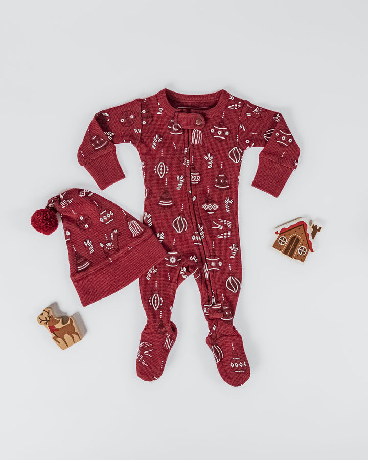 Child wearing Holiday Thermal 2-Way Zipper Footie & Cap Set in Ornamini.