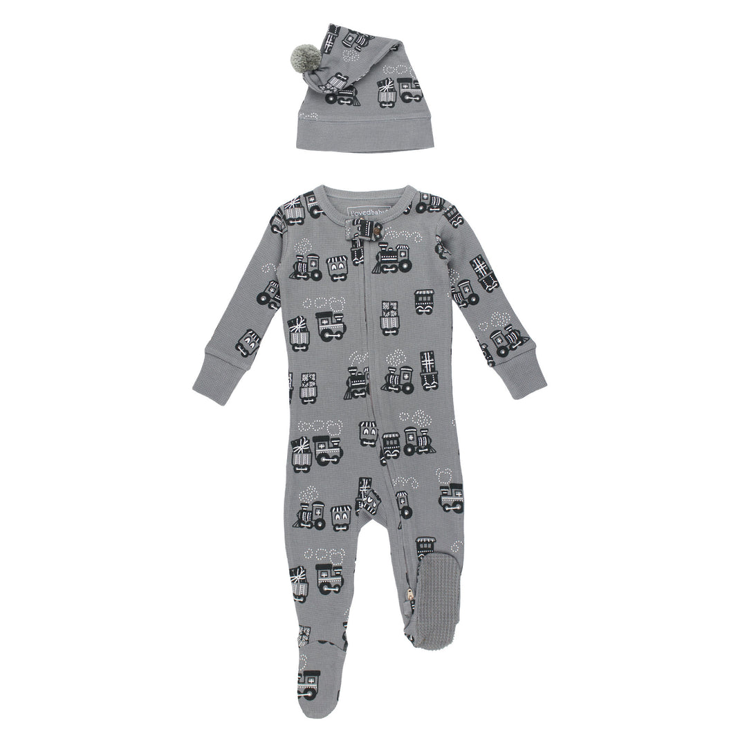 Holiday Thermal 2-Way Zipper Footie & Cap Set in Tinsel Train.
