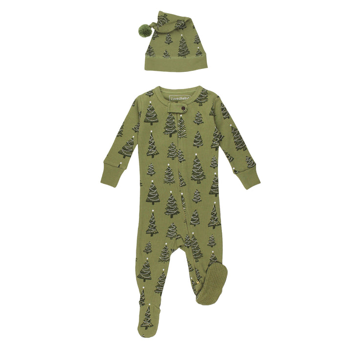 Holiday Thermal 2-Way Zipper Footie & Cap Set in Twinkle Tree.