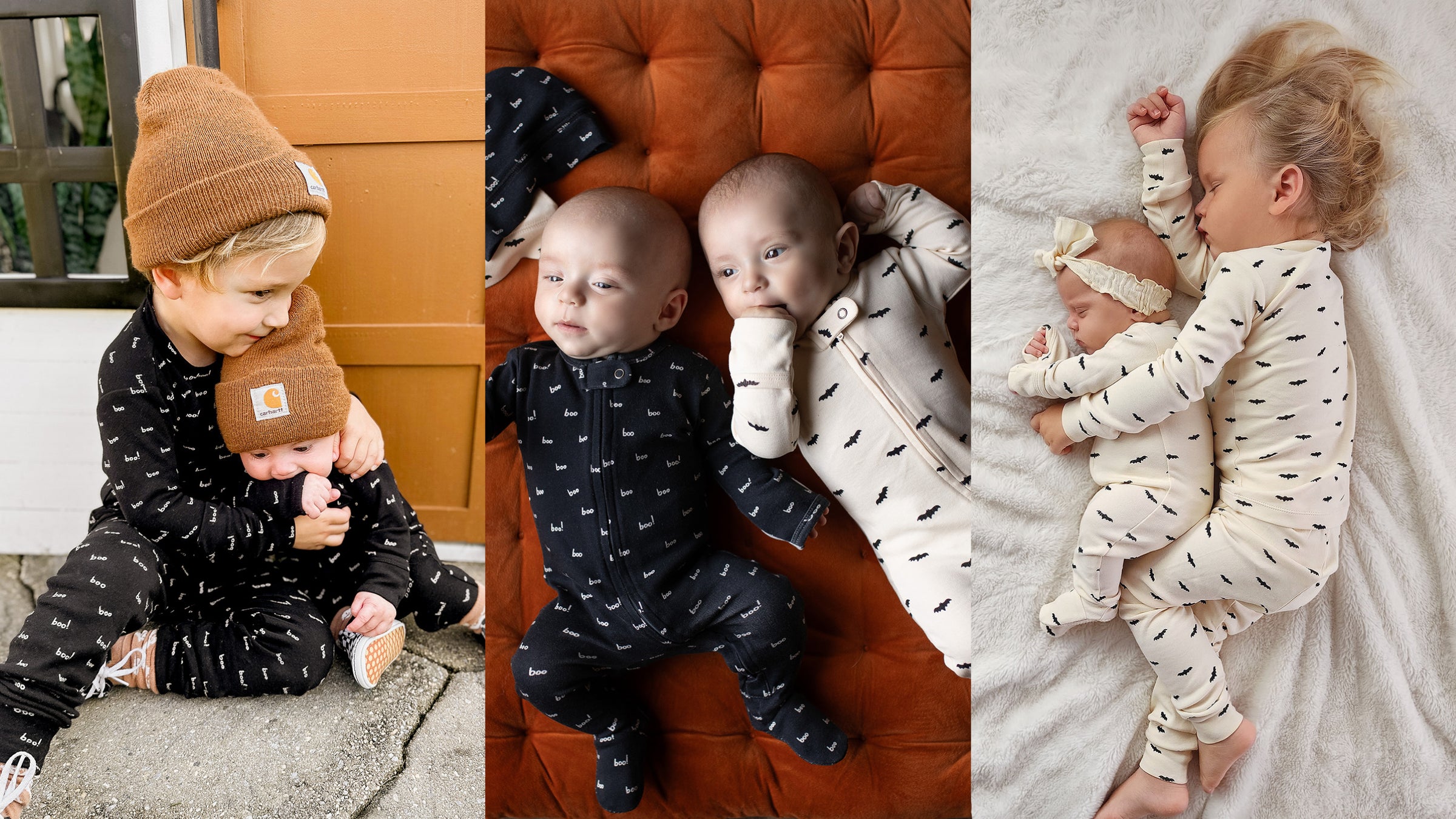 3 lifestyle images side by side, featuring: older child sibling and baby wearing matching "boo" outfits, 2 twin babies one wearing the "boo" footie and one wearing the "bats" footie, and final image is of one older child sibling sleeping alongside younger baby both wearing matching "bats" outfits.