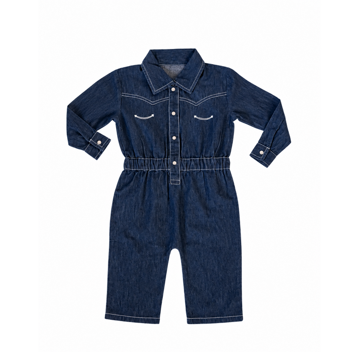 Western Denim Long-Sleeve Romper, Flat