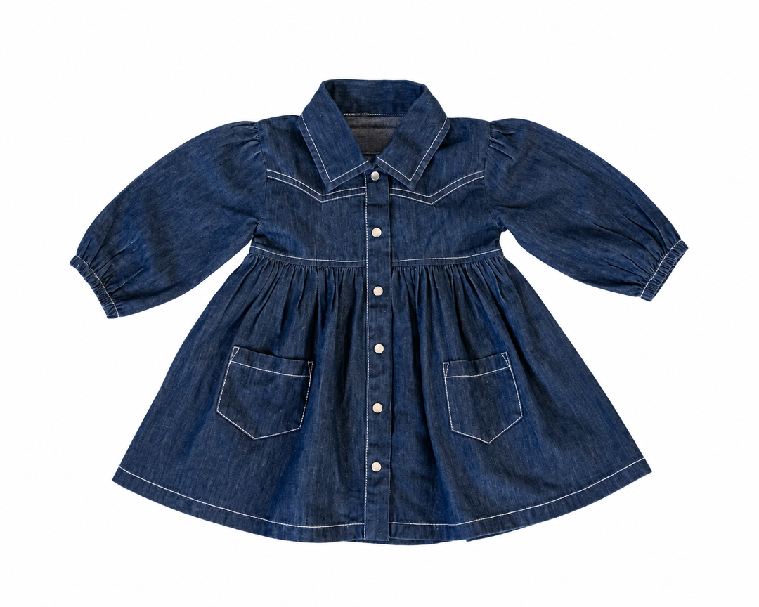 Western Denim Long-Sleeve Dress, Flat