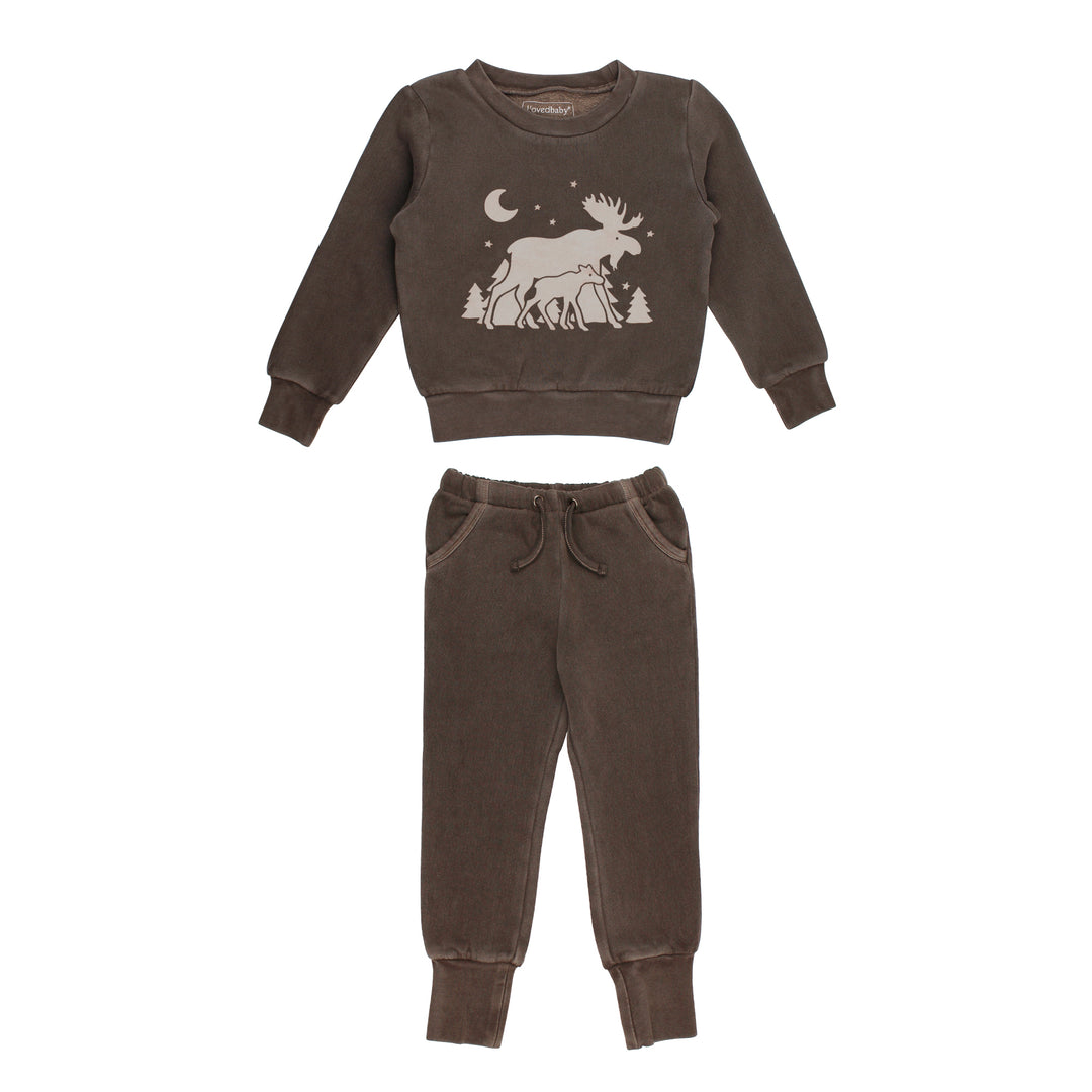 Children's brown sweatshirt and pants set with moose design on a white background