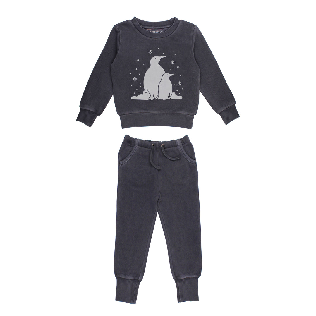 Children's dark gray sweatshirt and jogger set with penguin design on a white background