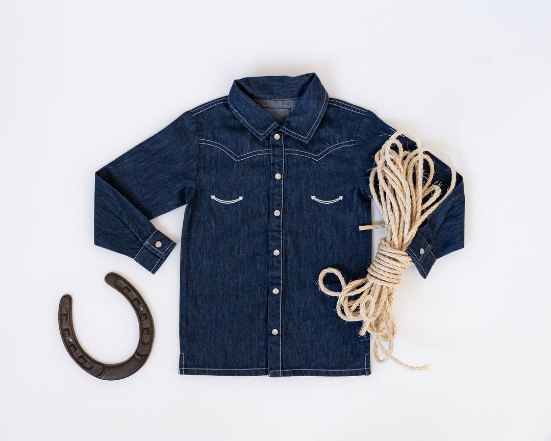 Child wearing Kids' Western Denim Long-Sleeve Button-Up in True Blue.