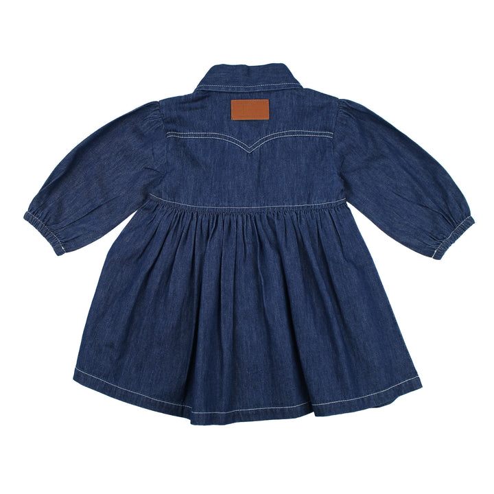 Back view of Kids' Western Denim Long-Sleeve Dress in True Blue.