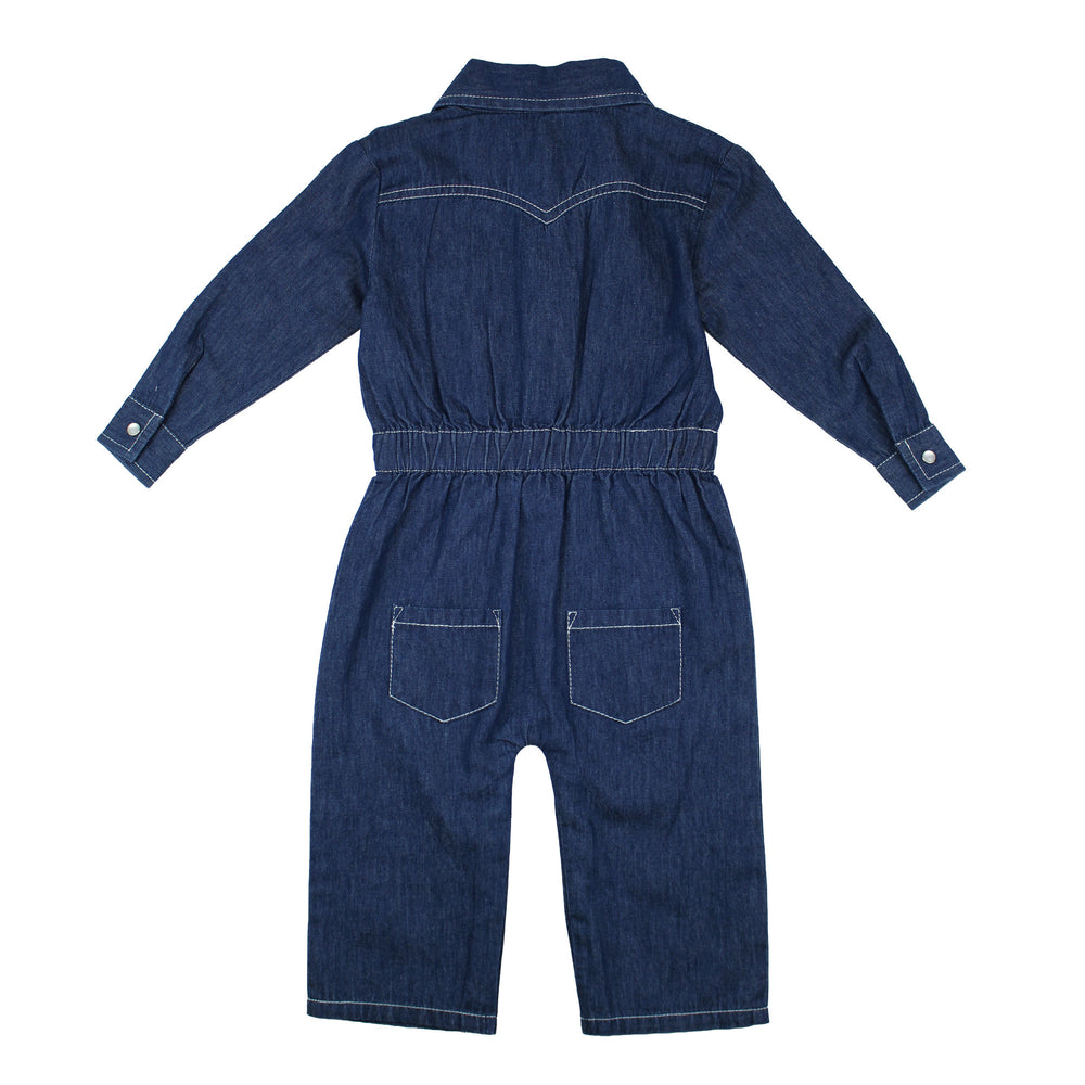 Back view of Kids' Western Denim Long-Sleeve Romper in True Blue.