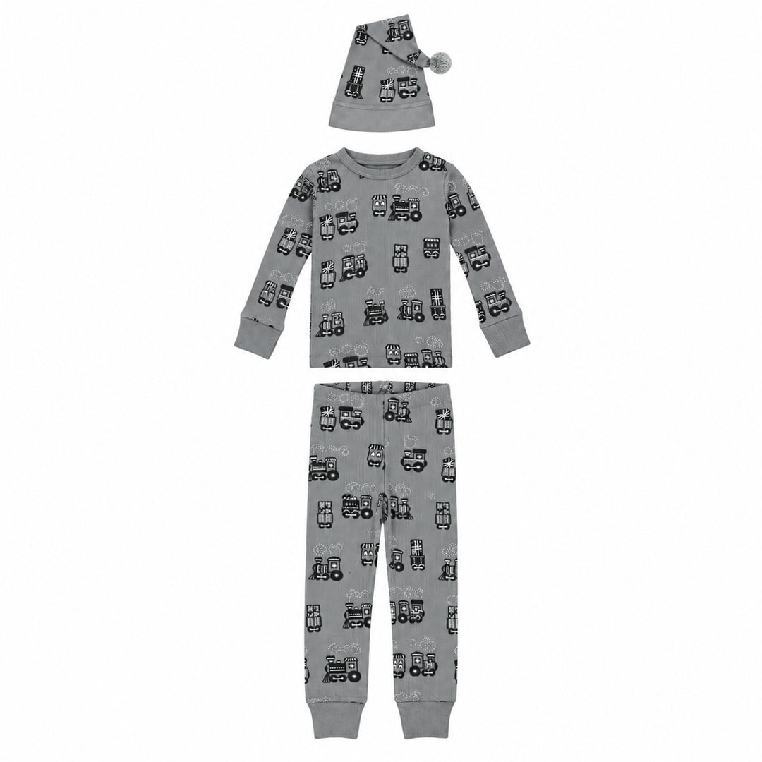 Holiday Thermal Long-Sleeve PJ & Cap Set in Tinsel Train.