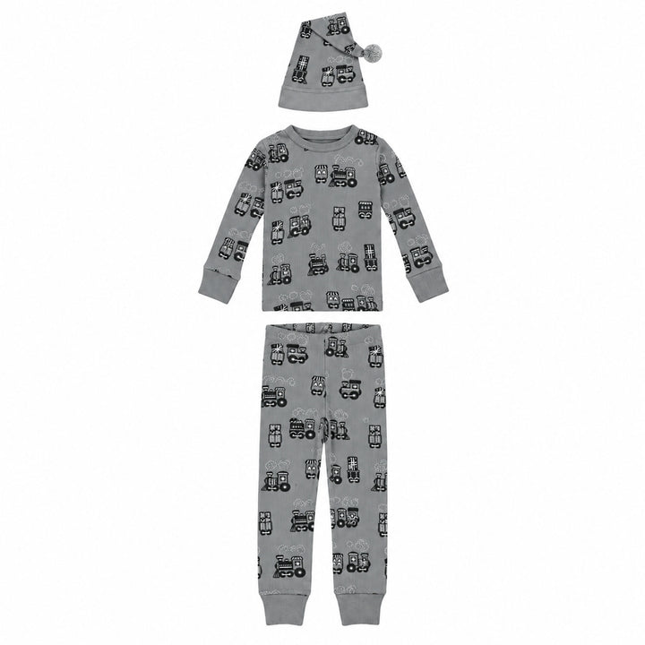 Holiday Thermal Long-Sleeve PJ & Cap Set in Tinsel Train.