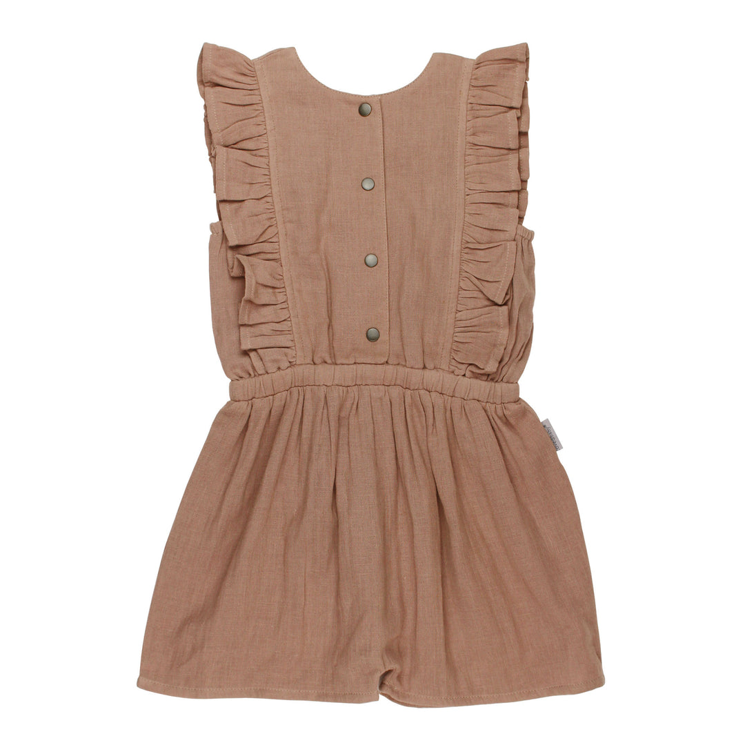 Kids' Organic Muslin Ruffle Jumper in Adobe, a tan clay color.