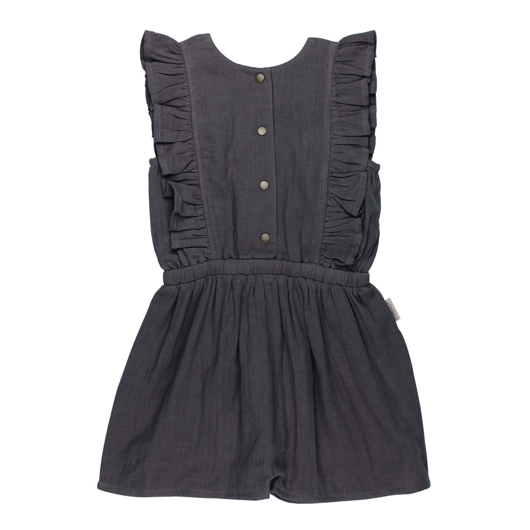 Kids' Organic Muslin Ruffle Jumper in Chia Seed, a dark gray color.