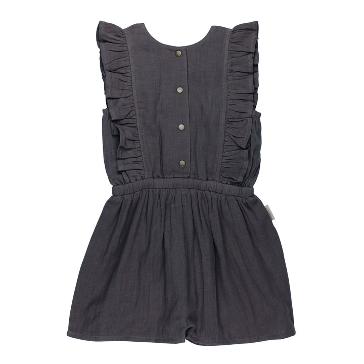 Kids' Organic Muslin Ruffle Jumper in Chia Seed, a dark gray color.
