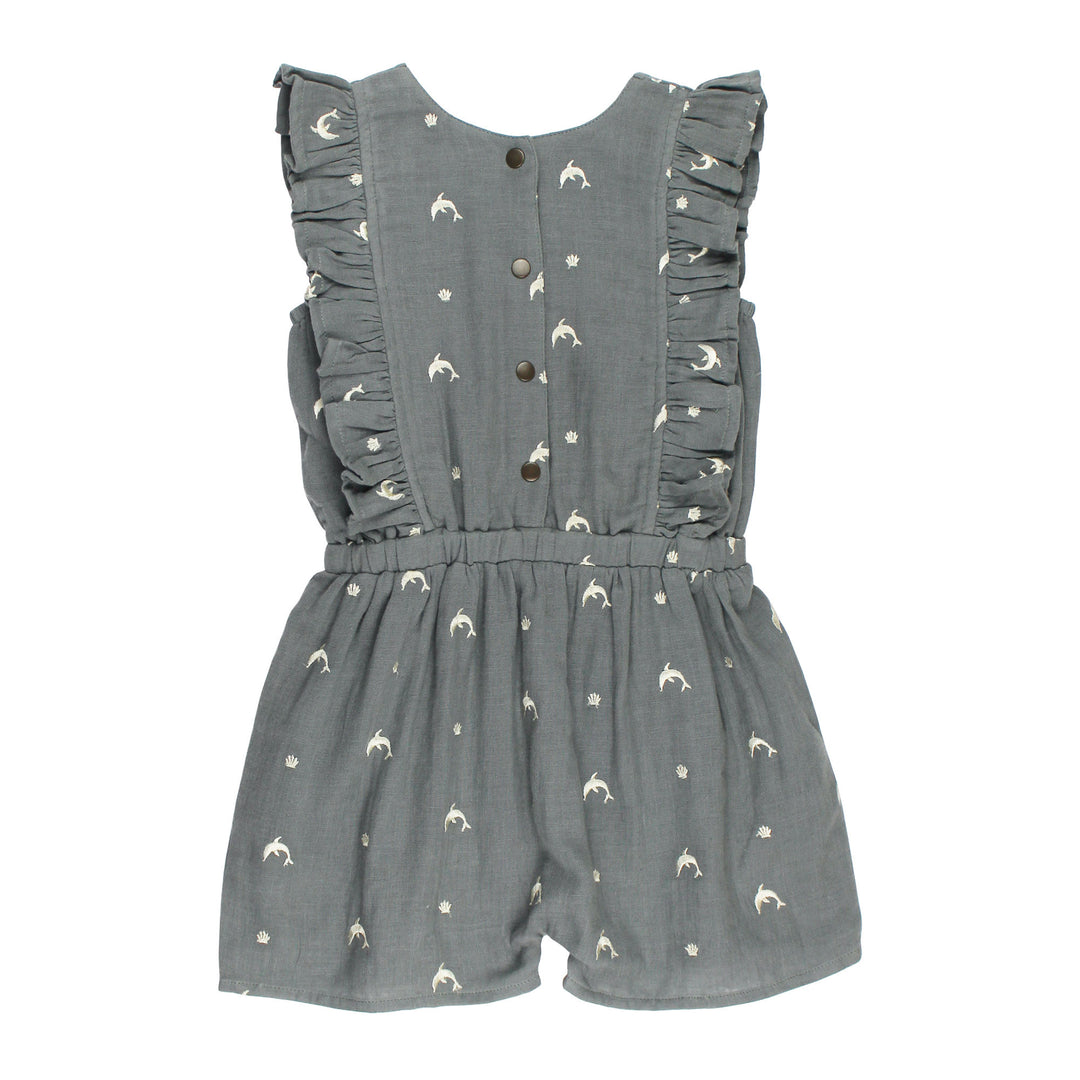 Kids' Organic Muslin Ruffle Jumper in Moonstone Dolphin.