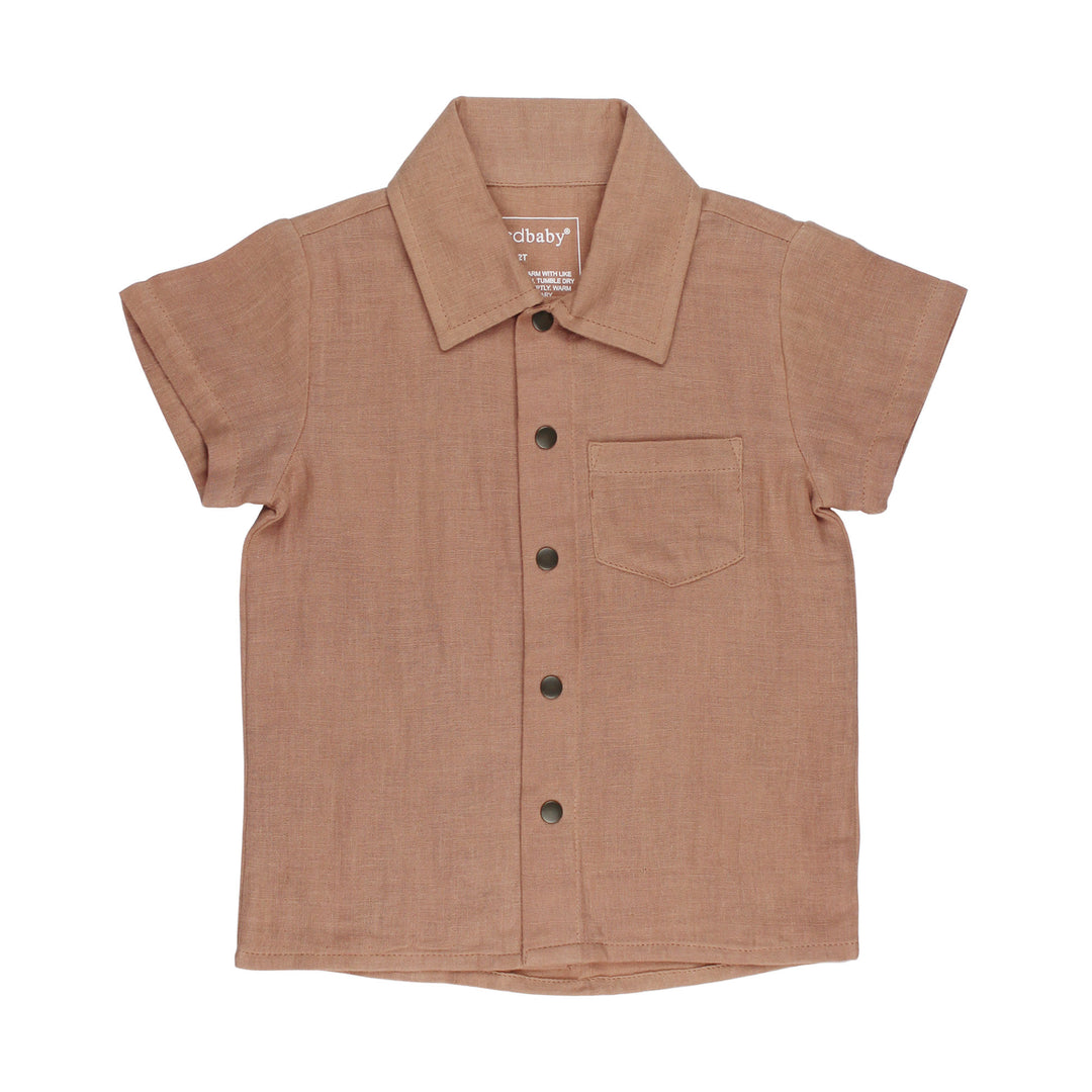 Kids' Muslin Button-Up S/Sleeve in Adobe, a tan clay color.