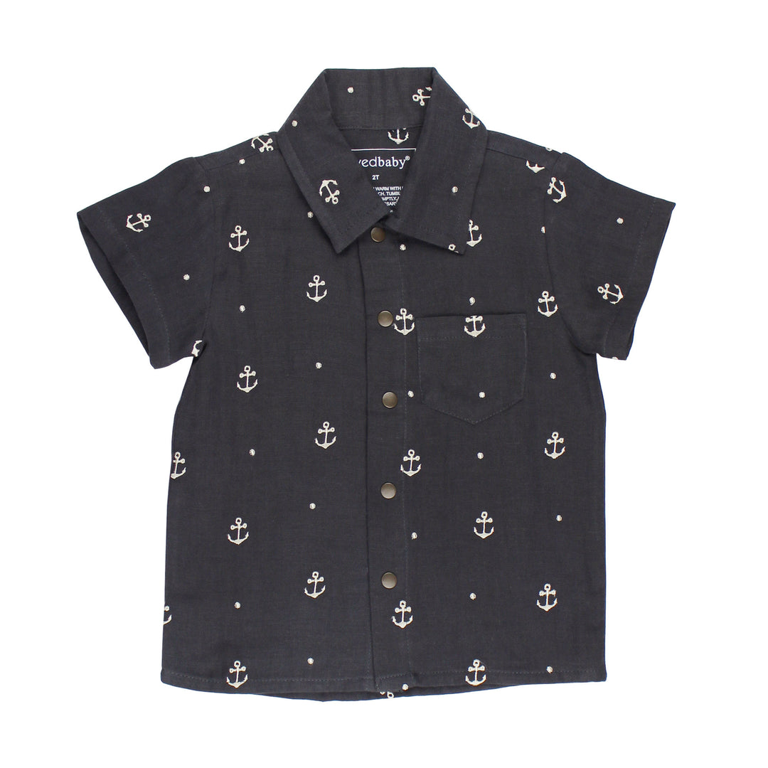 Kids' Muslin Button-Up S/Sleeve in Chia Anchor.