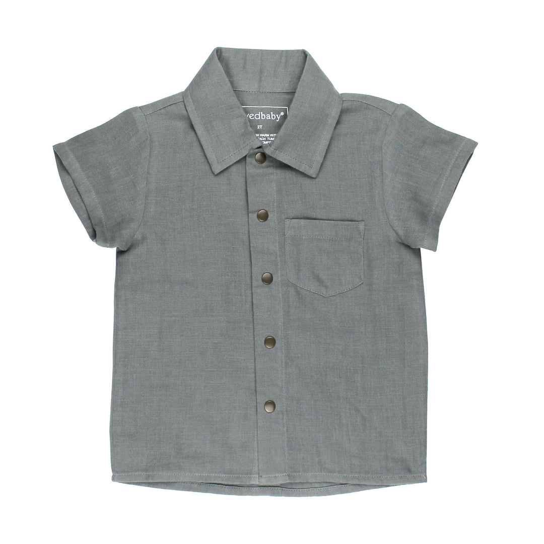 Kids' Muslin Button-Up S/Sleeve in Moonstone, a gray blue color.