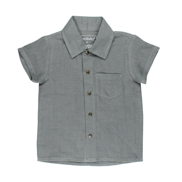 Kids' Muslin Button-Up S/Sleeve in Moonstone, a gray blue color.